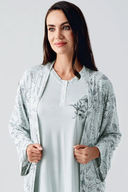 Image of Desenli Likralı Lohusa Pijama ve Sabahlık Takımı - 23100