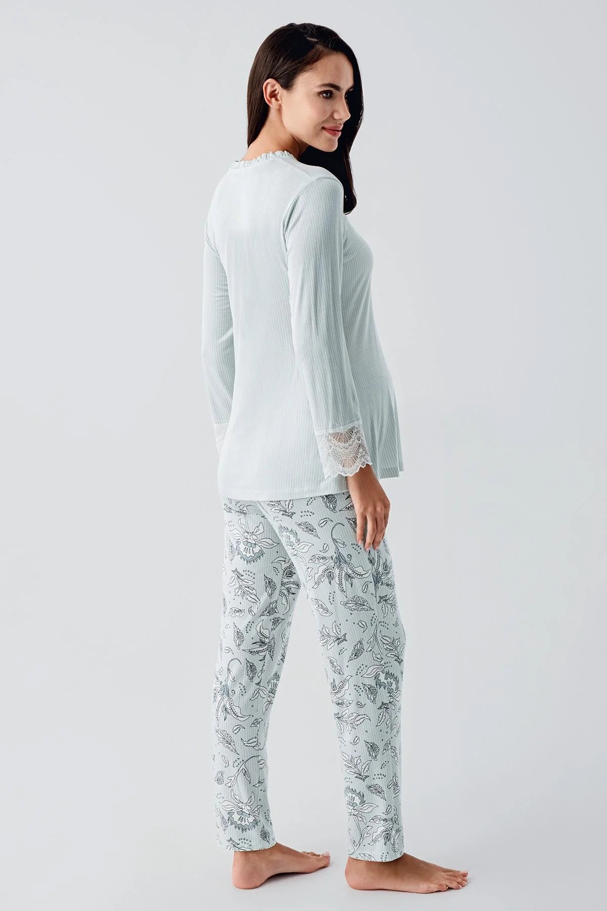 Desenli Likralı Lohusa Pijama ve Sabahlık Takımı - 23100