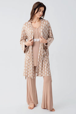 Image of Dantelli Lohusa Pijama ve Desenli Sabahlık Takımı - 23101