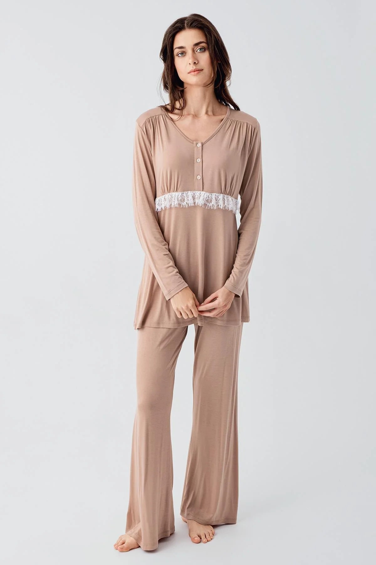 Dantelli Lohusa Pijama ve Desenli Sabahlık Takımı - 23101