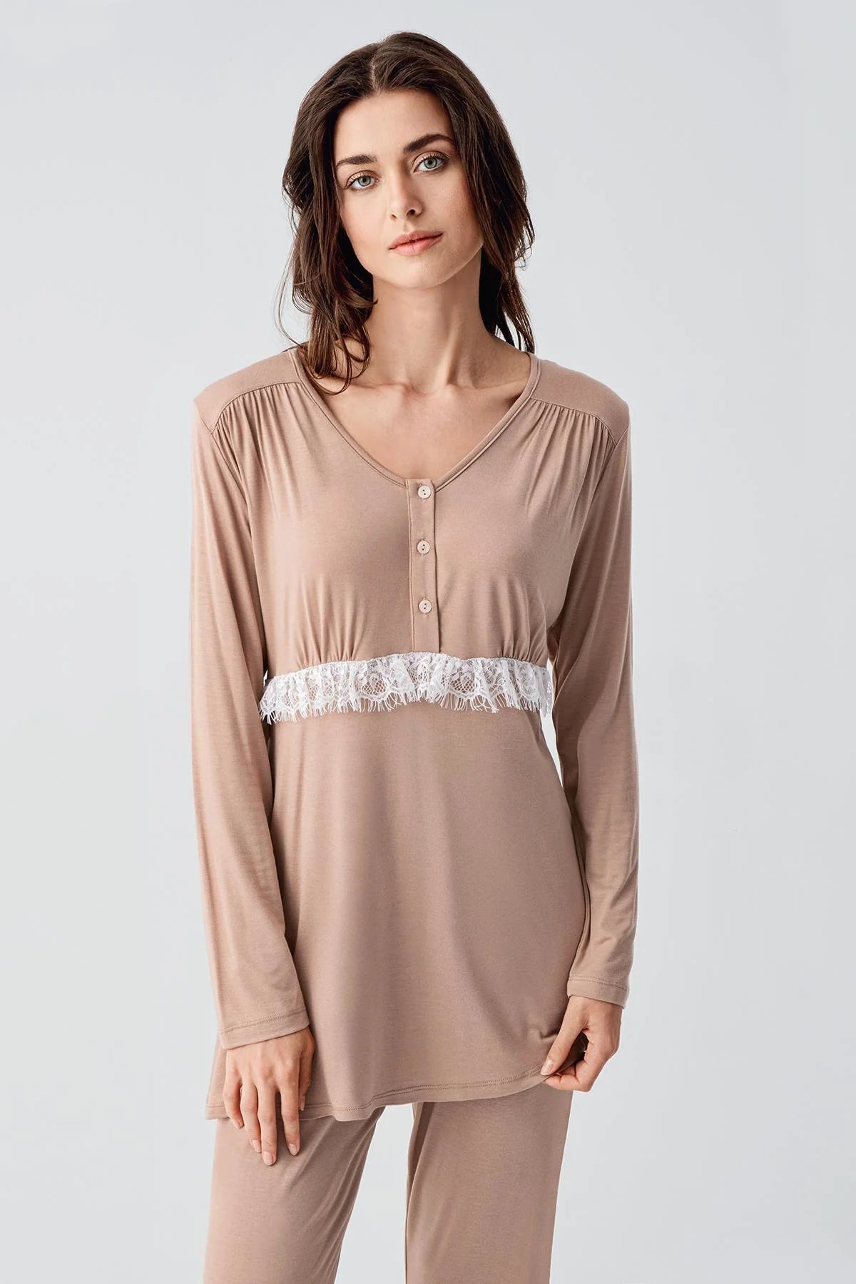 Dantelli Lohusa Pijama ve Desenli Sabahlık Takımı - 23101