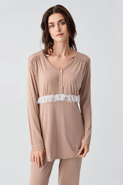Image of Dantelli Lohusa Pijama ve Desenli Sabahlık Takımı - 23101