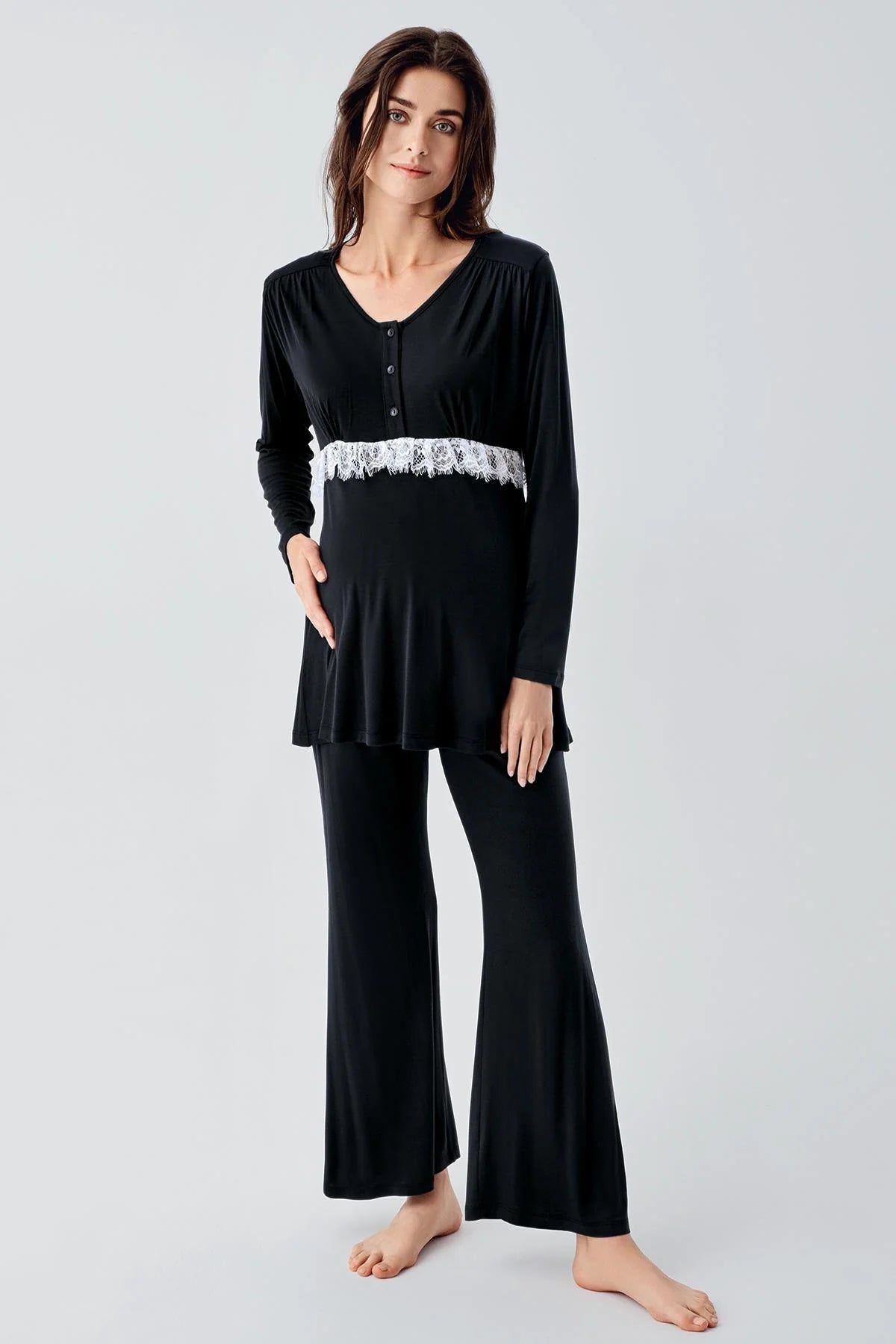 Dantelli Lohusa Pijama ve Desenli Sabahlık Takımı - 23101