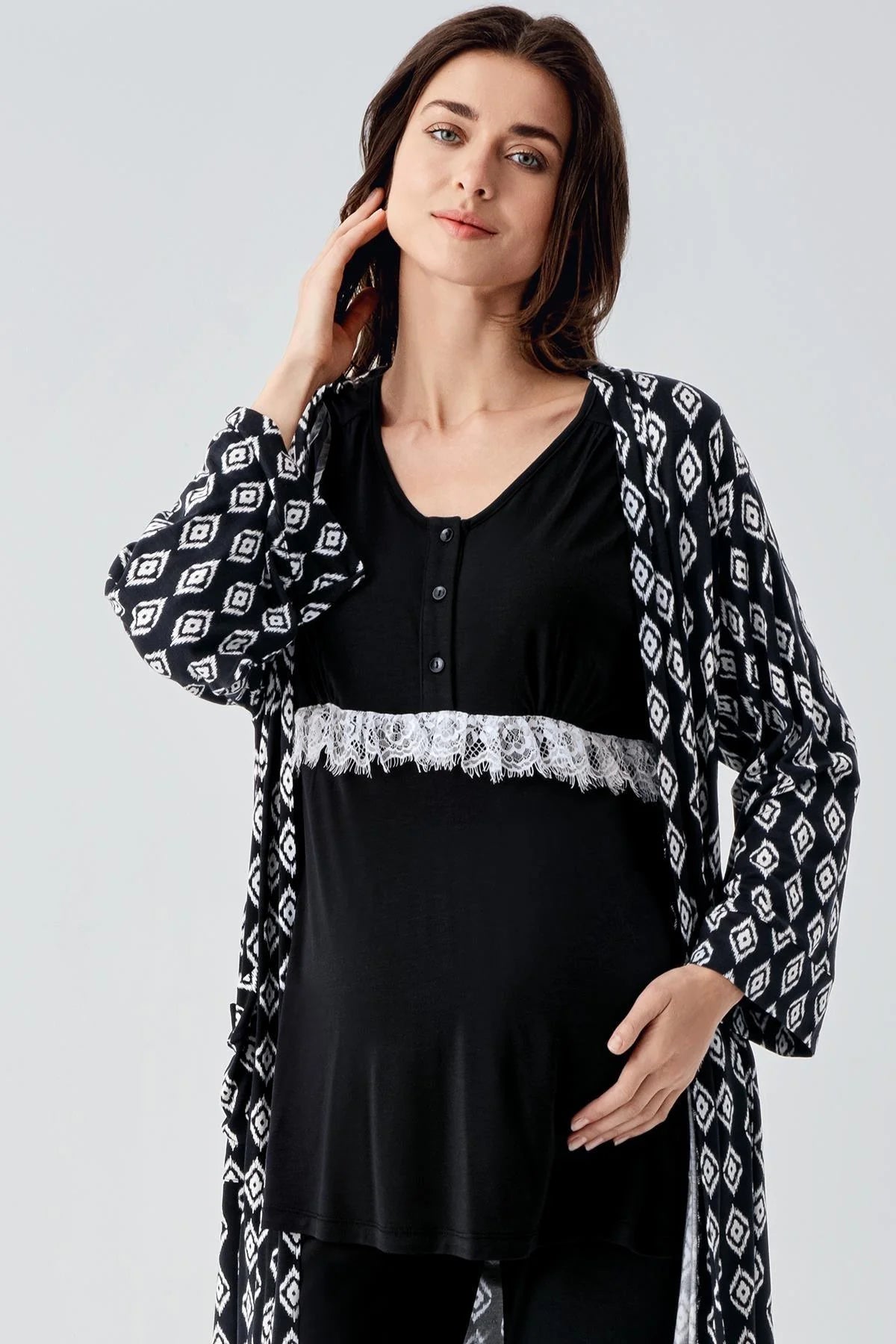 Dantelli Lohusa Pijama ve Desenli Sabahlık Takımı - 23101