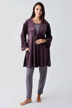 Image of Yaka Detaylı Lohusa Pijama ve Kadife Sabahlık Takımı - 23109
