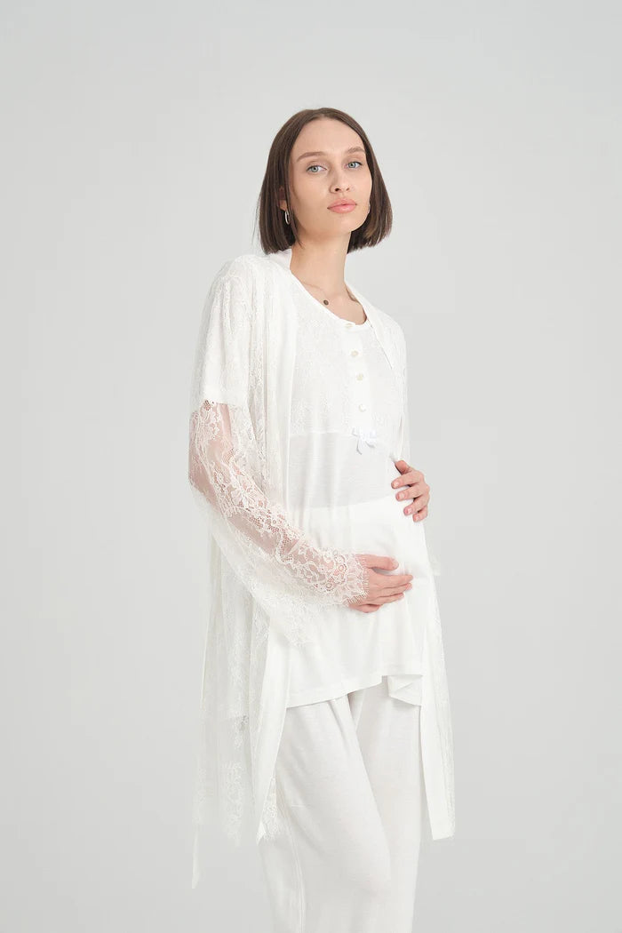 Lohusa Pijama ve Çiçekli Dantel Sabahlık Takımı - 2366