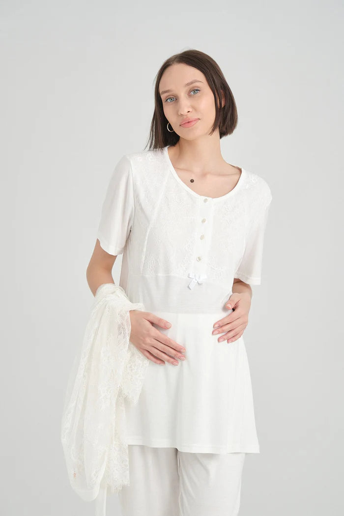 Lohusa Pijama ve Çiçekli Dantel Sabahlık Takımı - 2366