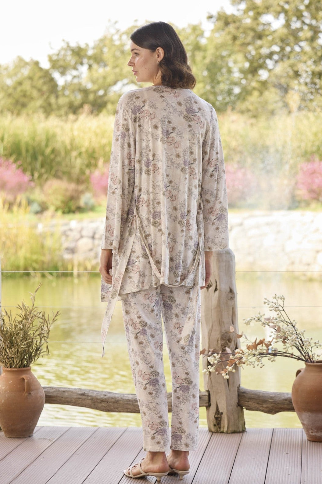 Askılı Dantelli Yaka Lohusa Pijama ve Desenli Sabahlık Takımı - 24076