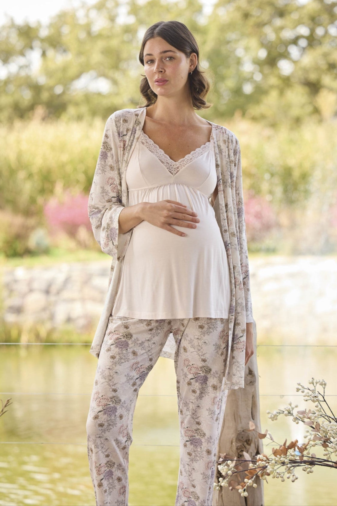 Askılı Dantelli Yaka Lohusa Pijama ve Desenli Sabahlık Takımı - 24076
