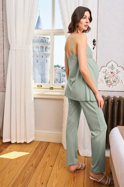 Image of Askılı Dantelli Yaka Lohusa Pijama ve Desenli Sabahlık Takımı - 24164