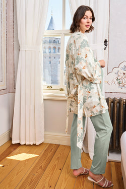 Image of Askılı Dantelli Yaka Lohusa Pijama ve Desenli Sabahlık Takımı - 24164