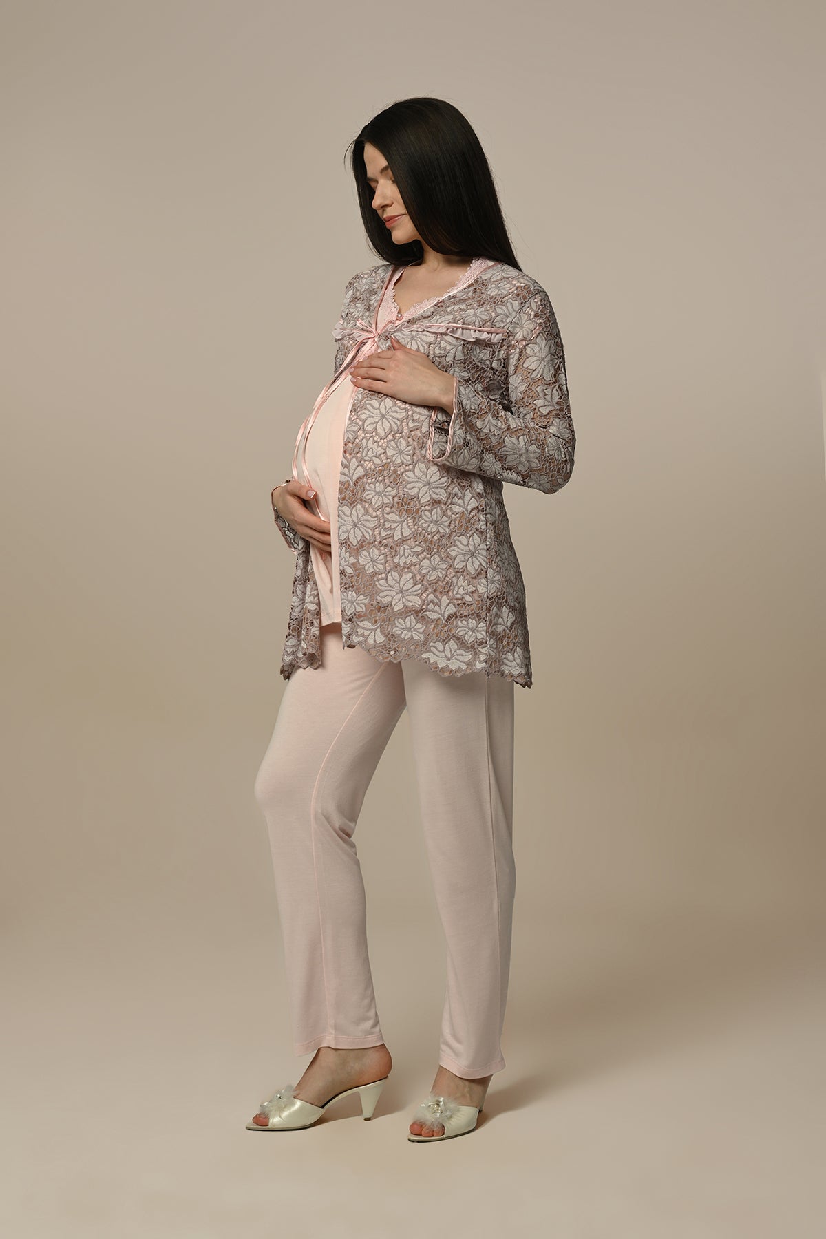Çiçekli Dantel Lohusa Pijama ve Sabahlık Takımı - 24311