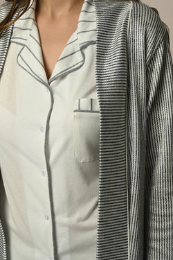 Image of Çizgili Lohusa Pijama ve Sabahlık Takımı - 24325