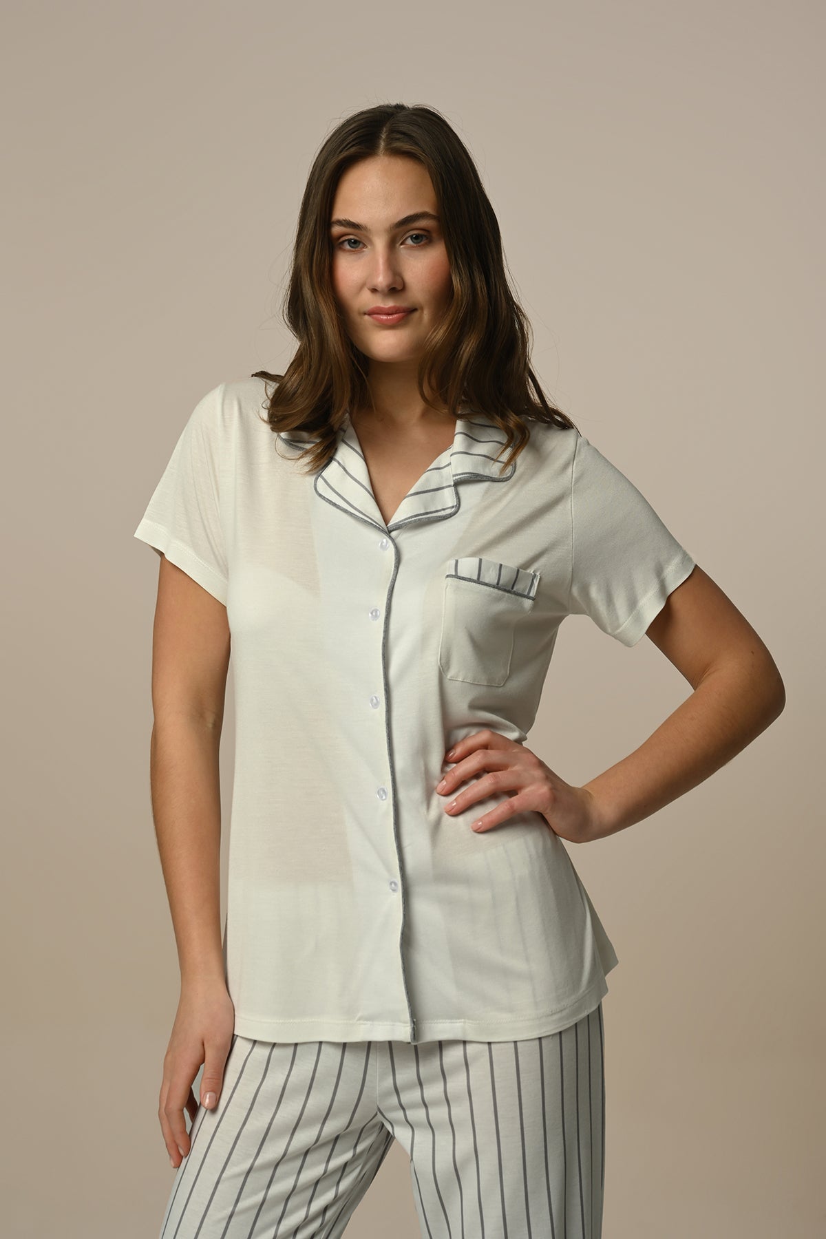 Çizgili Lohusa Pijama ve Sabahlık Takımı - 24325