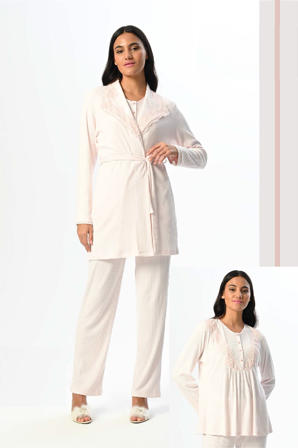 Dantelli Yaka Lohusa Pijama ve Sabahlık Takımı - 24356