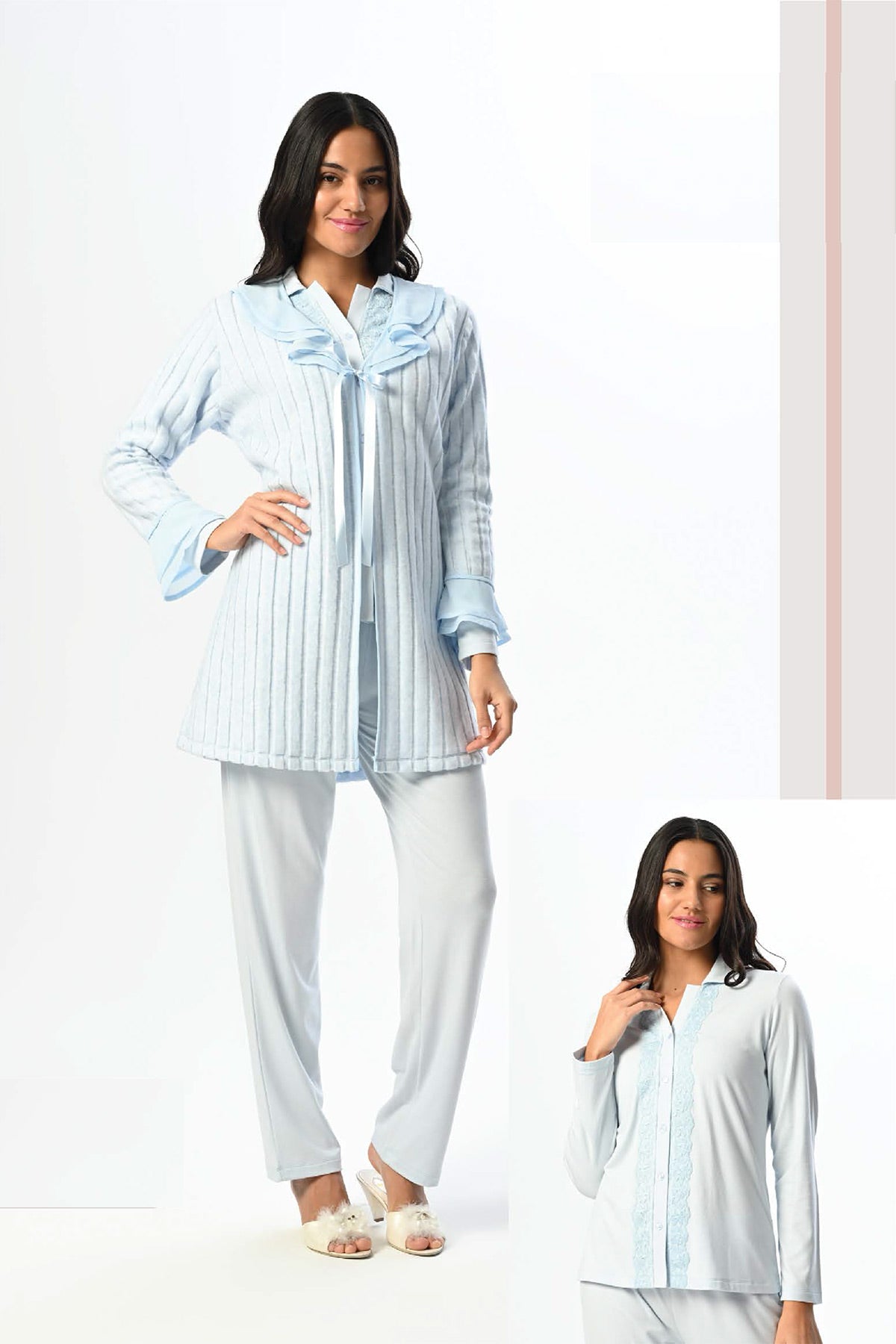 Dantel Detaylı Lohusa Pijama ve Welsoft Sabahlık Takımı - 24367
