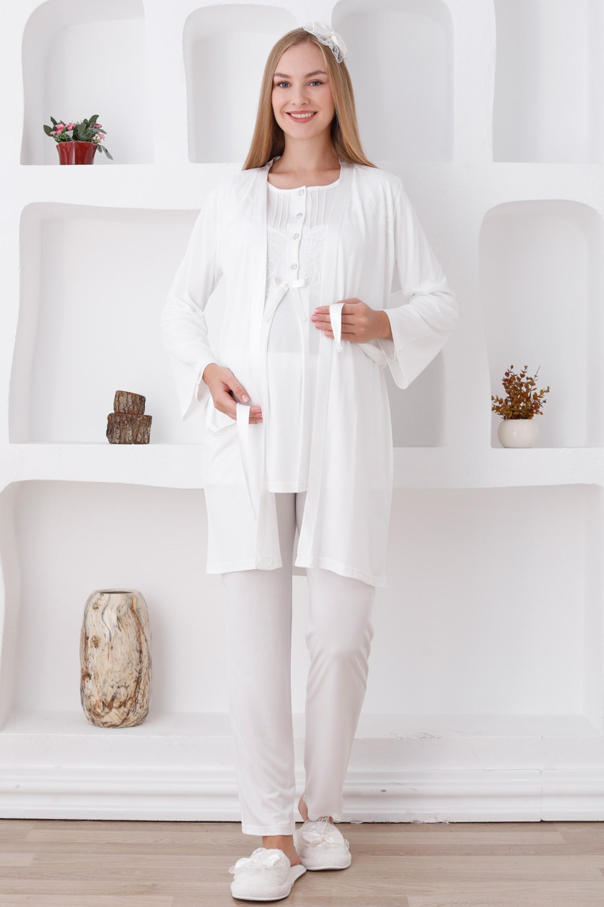 Dantelli Omuz Lohusa Pijama ve Sabahlık Takımı - 3423