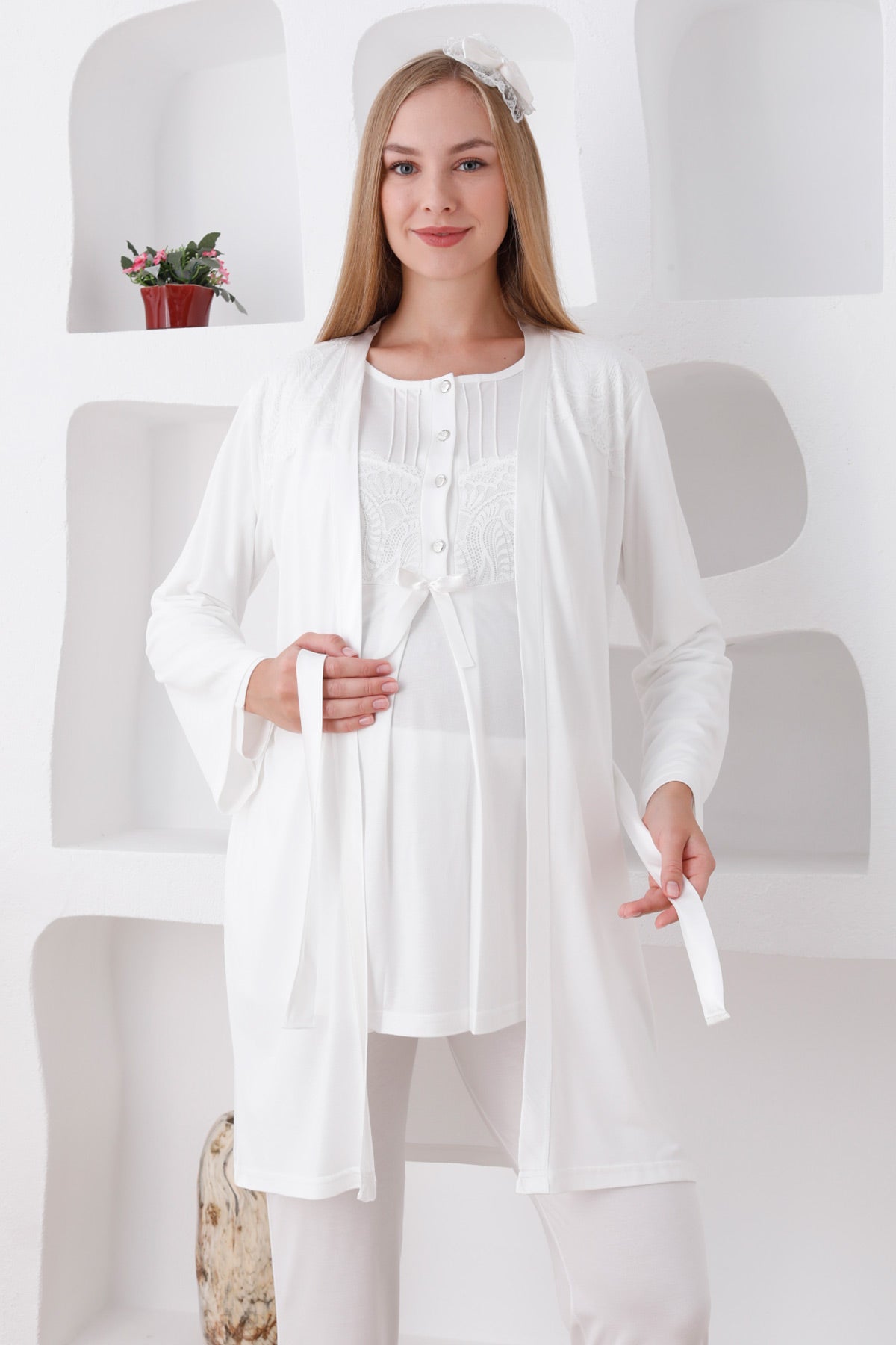 Dantelli Omuz Lohusa Pijama ve Sabahlık Takımı - 3423