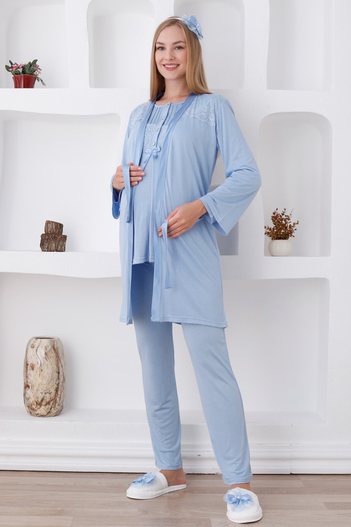 Dantelli Omuz Lohusa Pijama ve Sabahlık Takımı - 3423