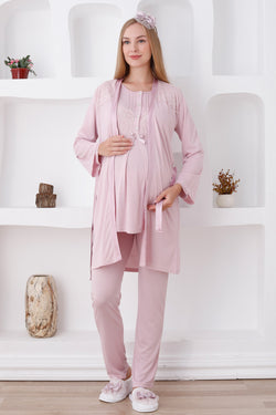 Image of Dantelli Omuz Lohusa Pijama ve Sabahlık Takımı - 3423