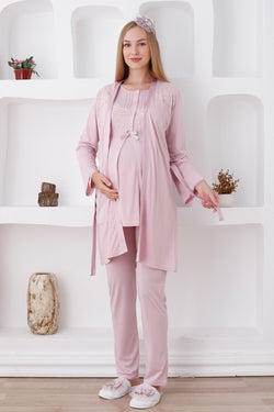 Image of Dantelli Omuz Lohusa Pijama ve Sabahlık Takımı - 3423