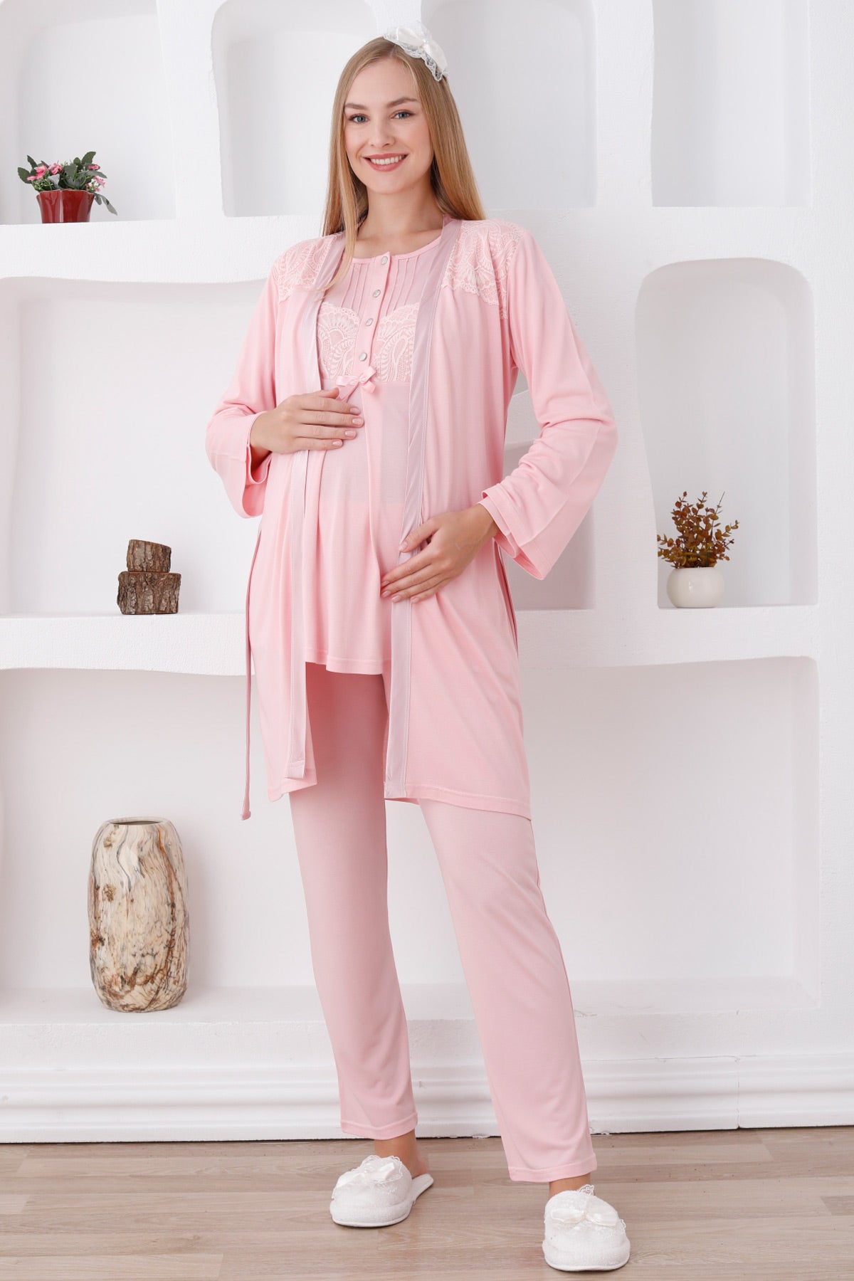Dantelli Omuz Lohusa Pijama ve Sabahlık Takımı - 3423