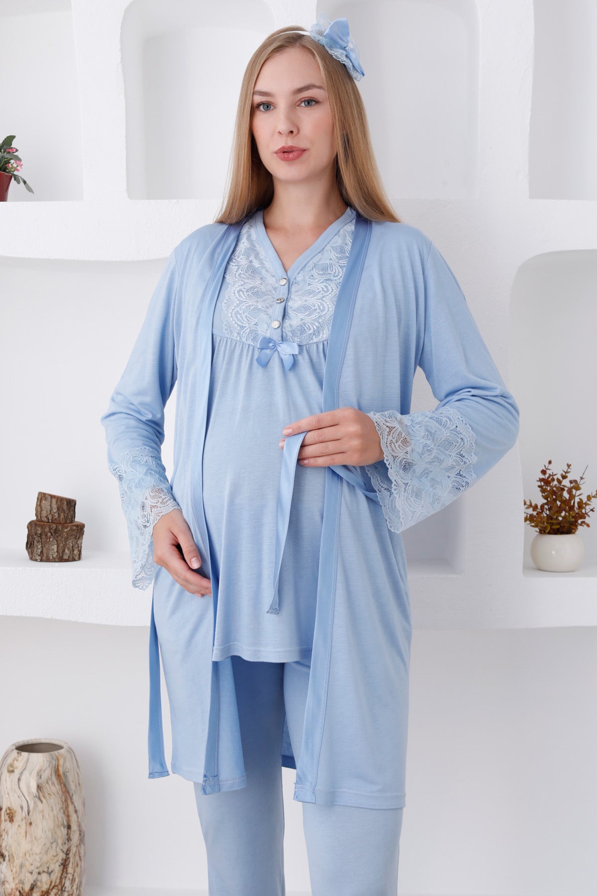 Dantelli Yaka Lohusa Pijama ve Dantelli Kol Sabahlık Takımı - 3424
