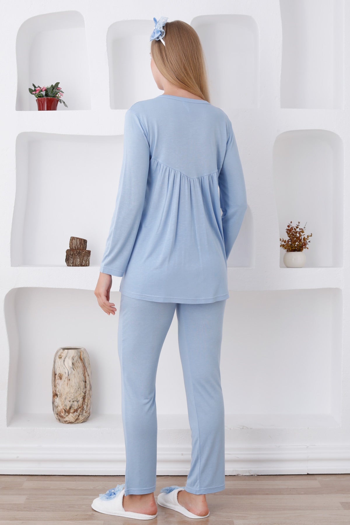 Dantelli Yaka Lohusa Pijama ve Dantelli Kol Sabahlık Takımı - 3424