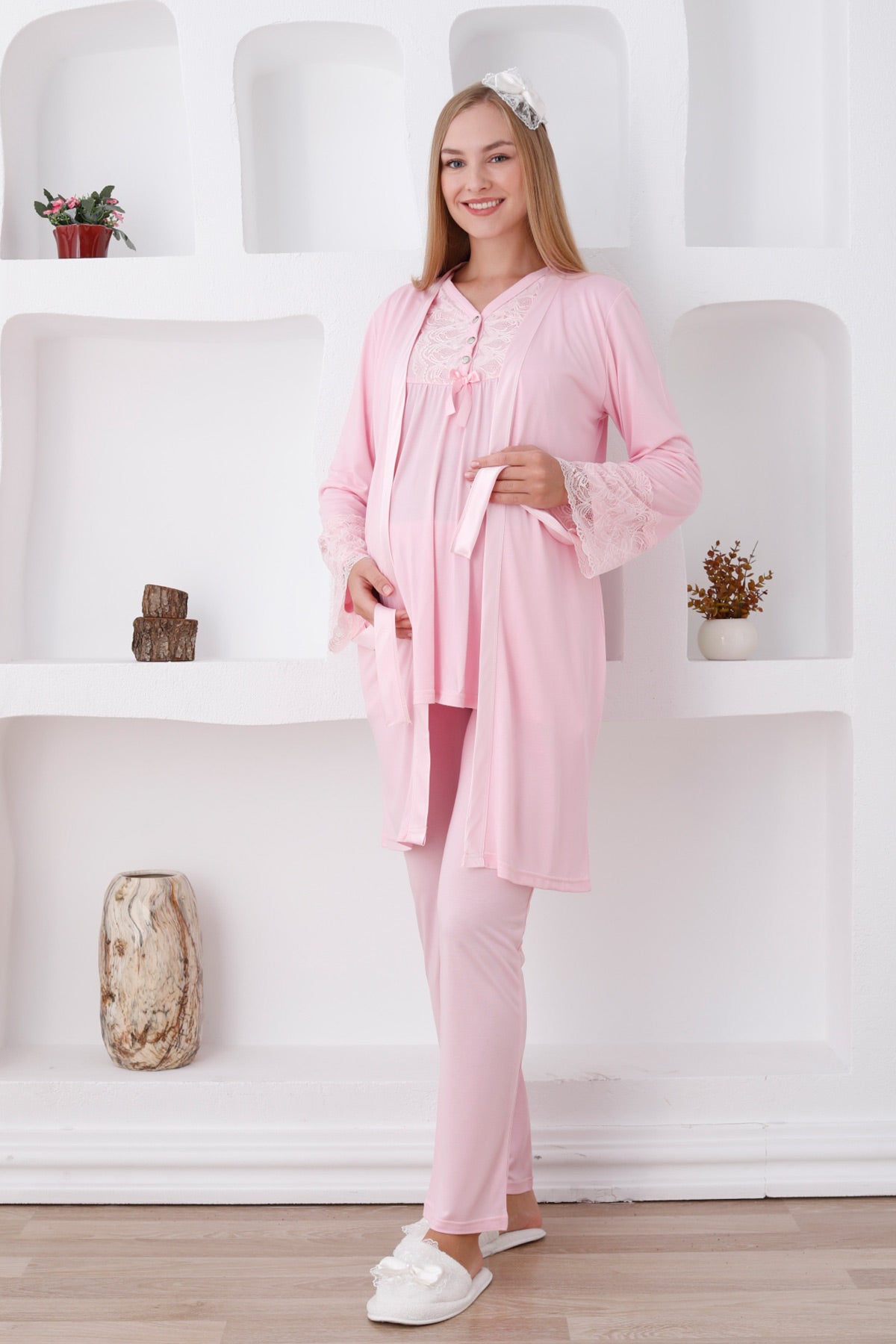 Dantelli Yaka Lohusa Pijama ve Dantelli Kol Sabahlık Takımı - 3424