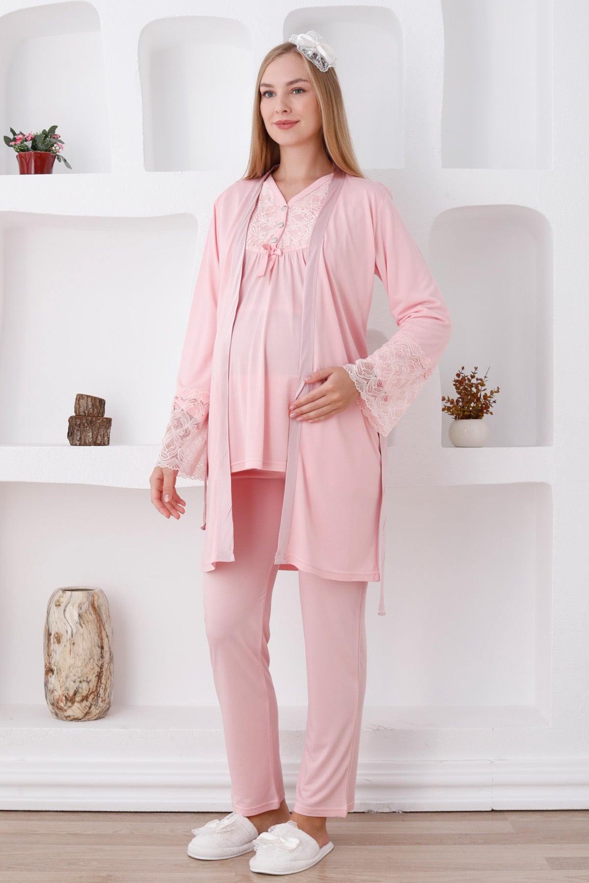 Dantelli Yaka Lohusa Pijama ve Dantelli Kol Sabahlık Takımı - 3424