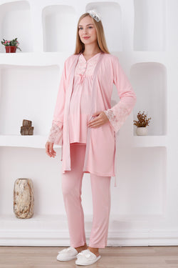 Image of Dantelli Yaka Lohusa Pijama ve Dantelli Kol Sabahlık Takımı - 3424
