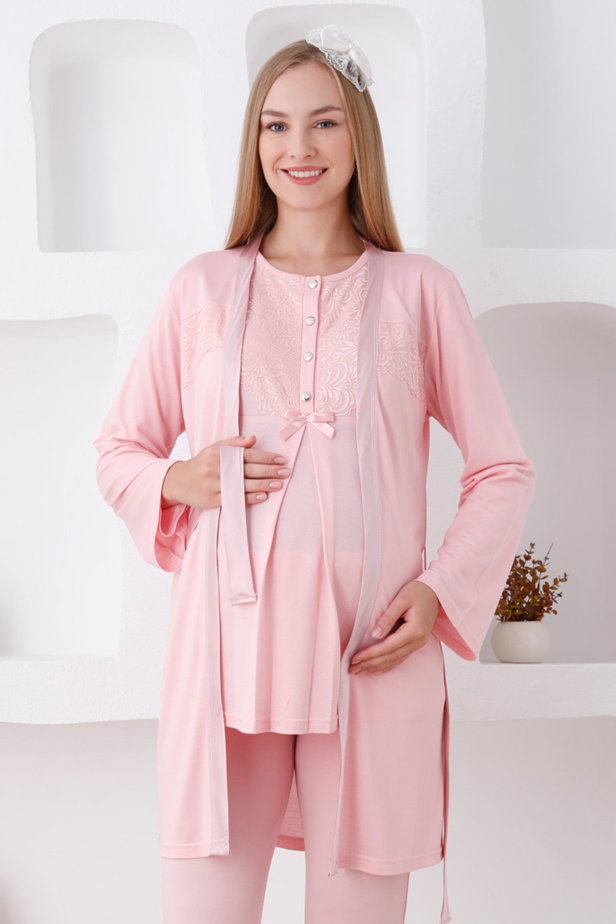 Narin Dantel Detaylı Lohusa Pijama ve Sabahlık Takımı - 3425