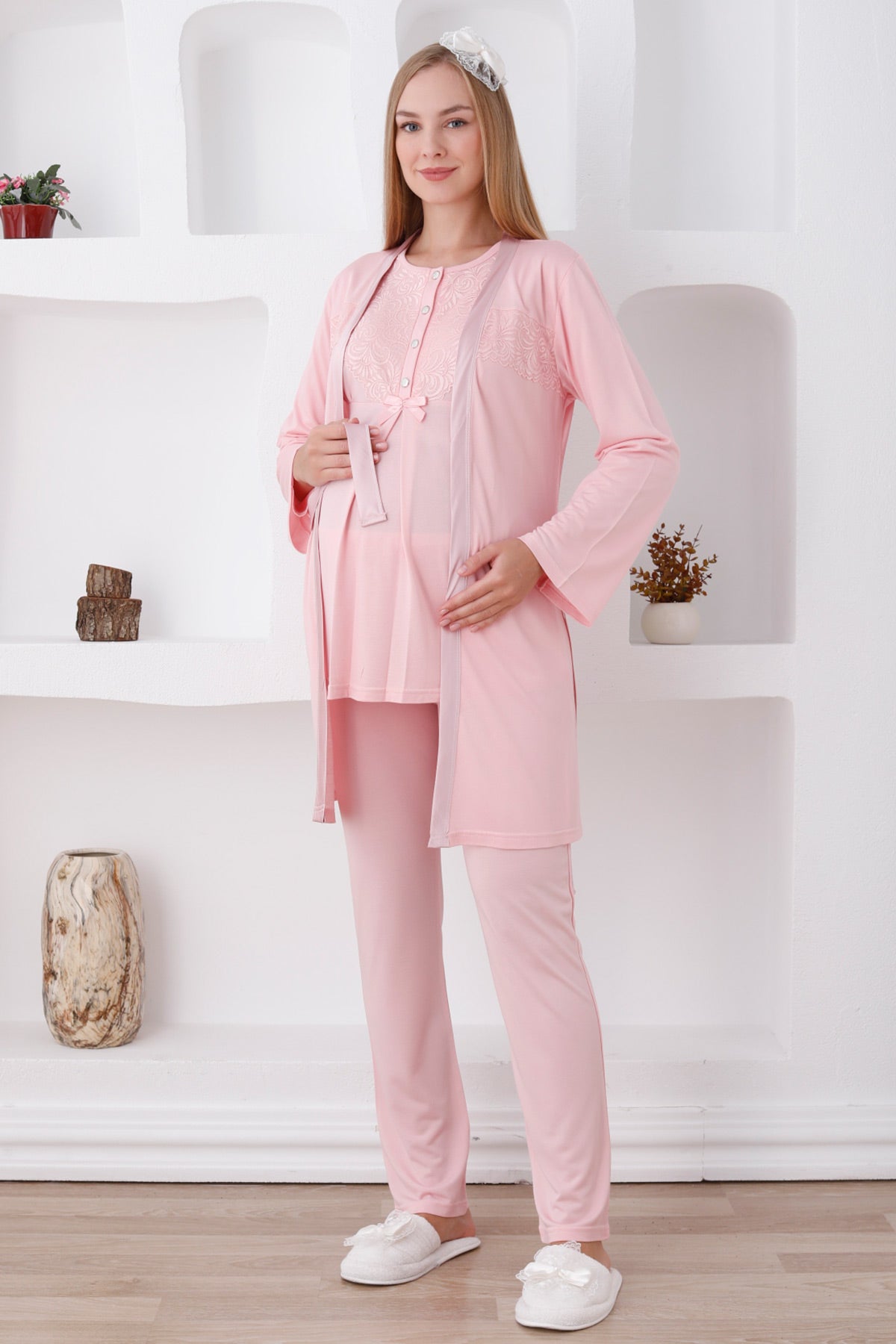Narin Dantel Detaylı Lohusa Pijama ve Sabahlık Takımı - 3425