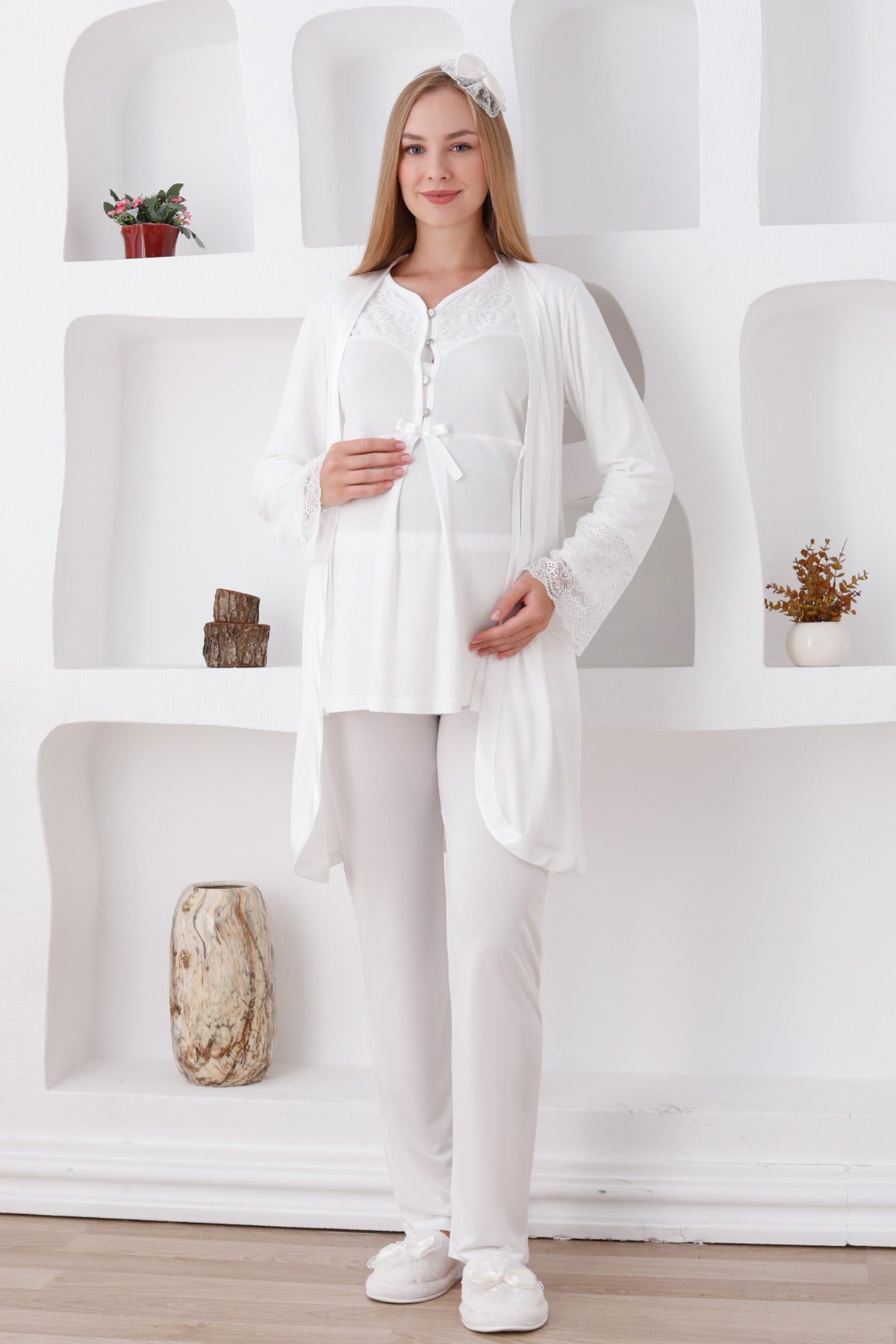 Dantel Detaylı Lohusa Pijama ve Sabahlık Takımı - 3426