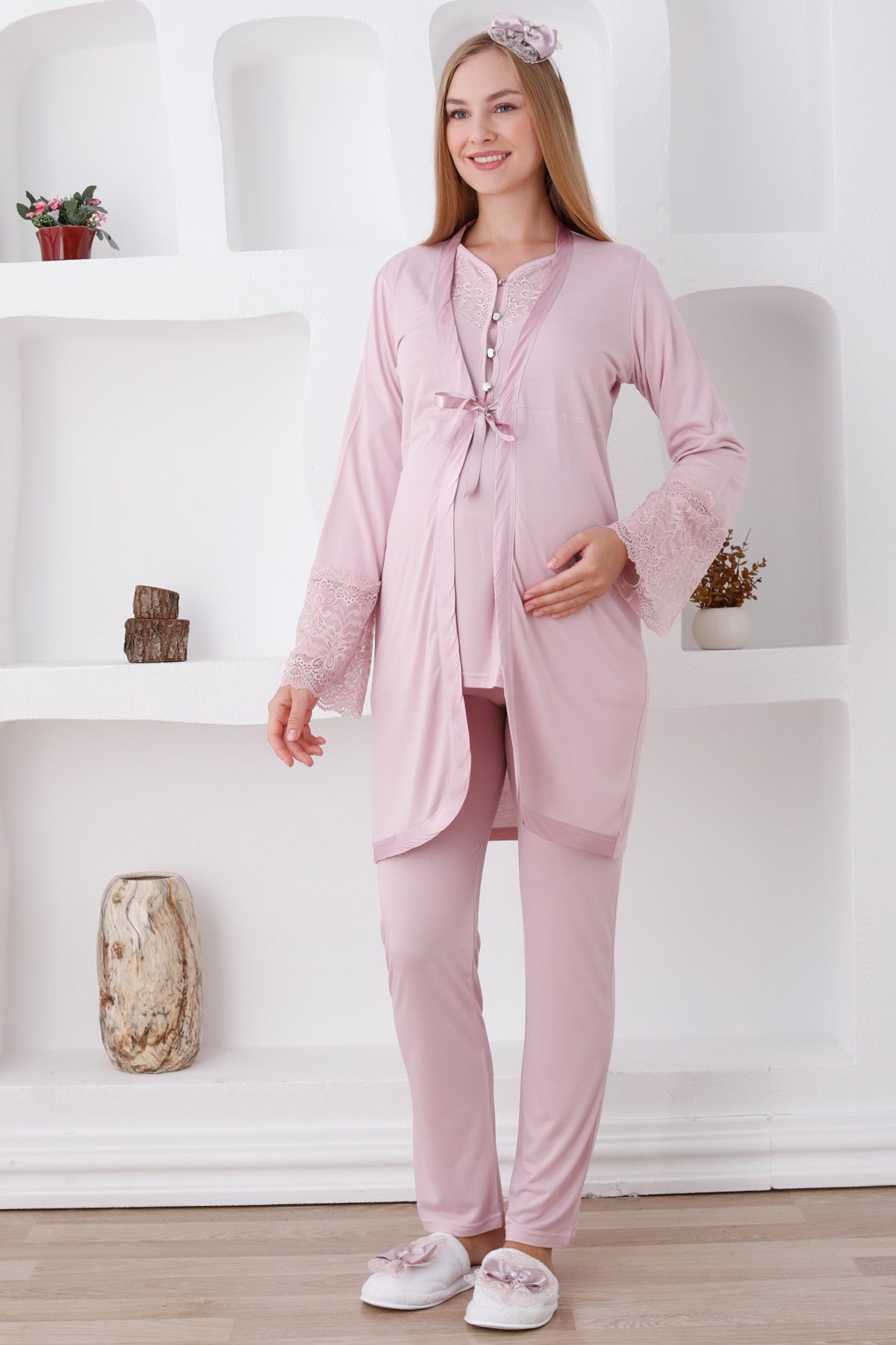 Dantel Detaylı Lohusa Pijama ve Sabahlık Takımı - 3426