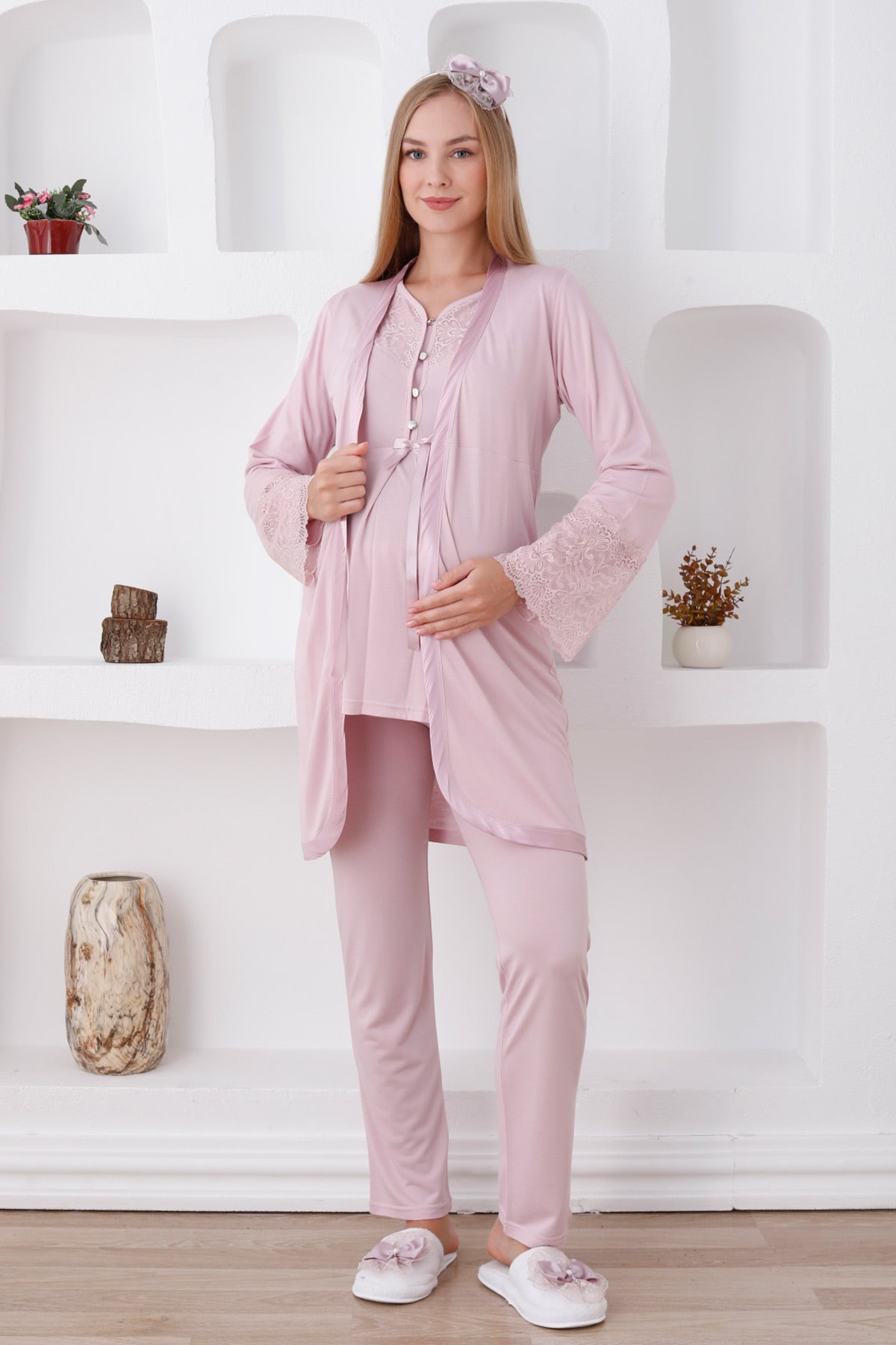 Dantel Detaylı Lohusa Pijama ve Sabahlık Takımı - 3426