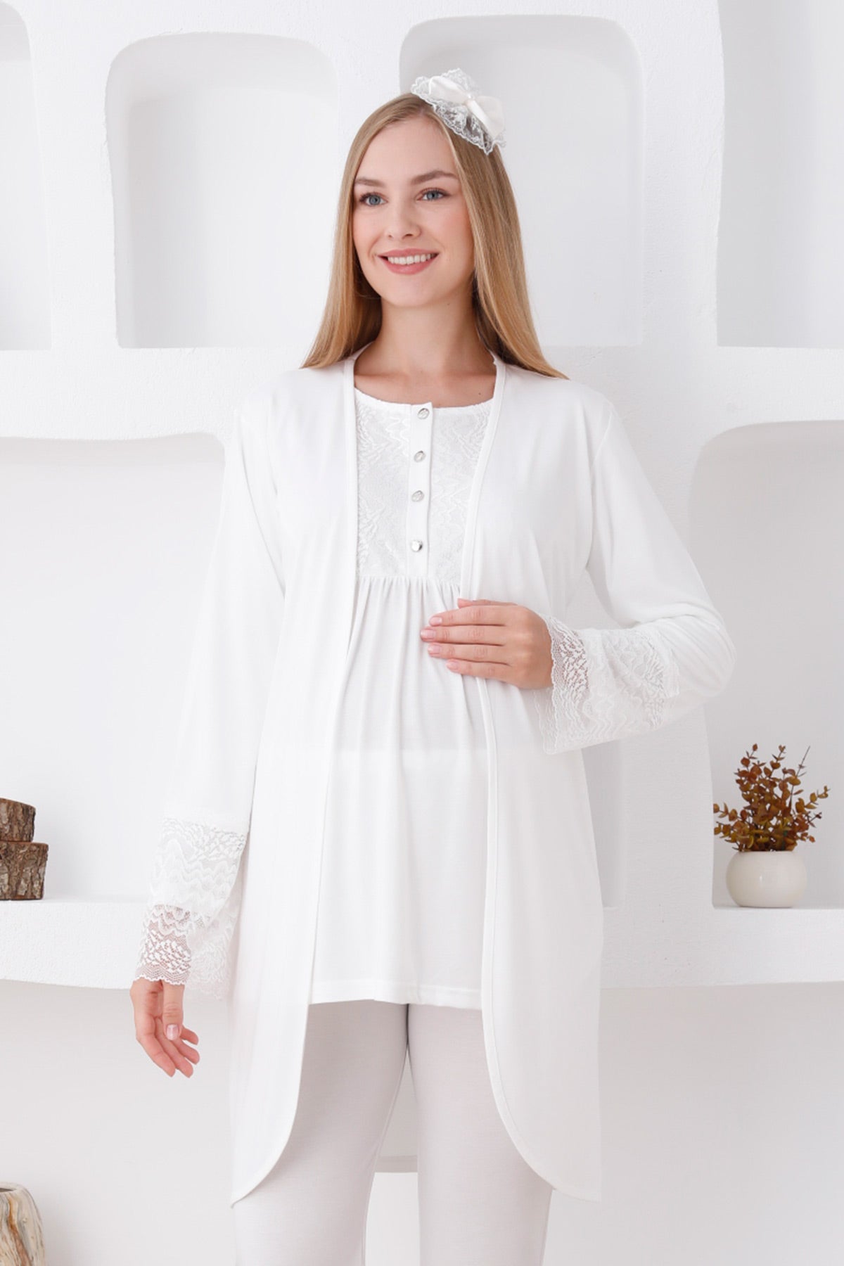 Dantel Yaka Lohusa Pijama ve Dantelli Kol Sabahlık Takımı - 3427