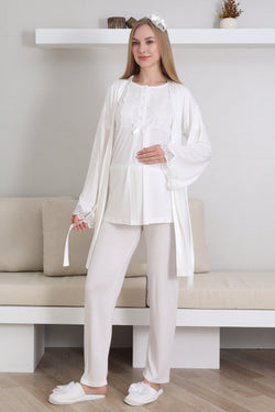 Image of Güpürlü Yaka Lohusa Pijama ve Sabahlık Takımı - 3433