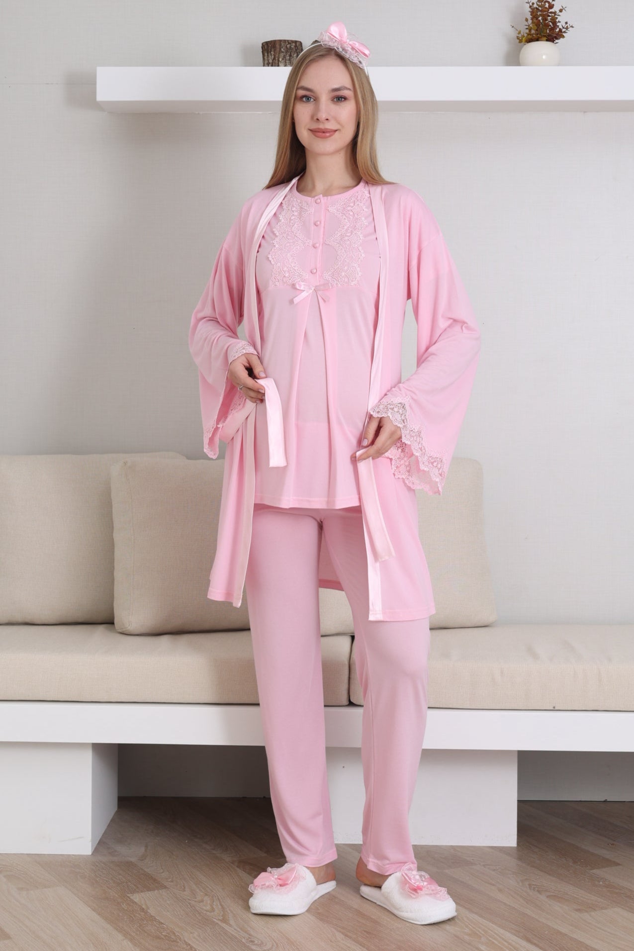 Güpürlü Yaka Lohusa Pijama ve Sabahlık Takımı - 3433