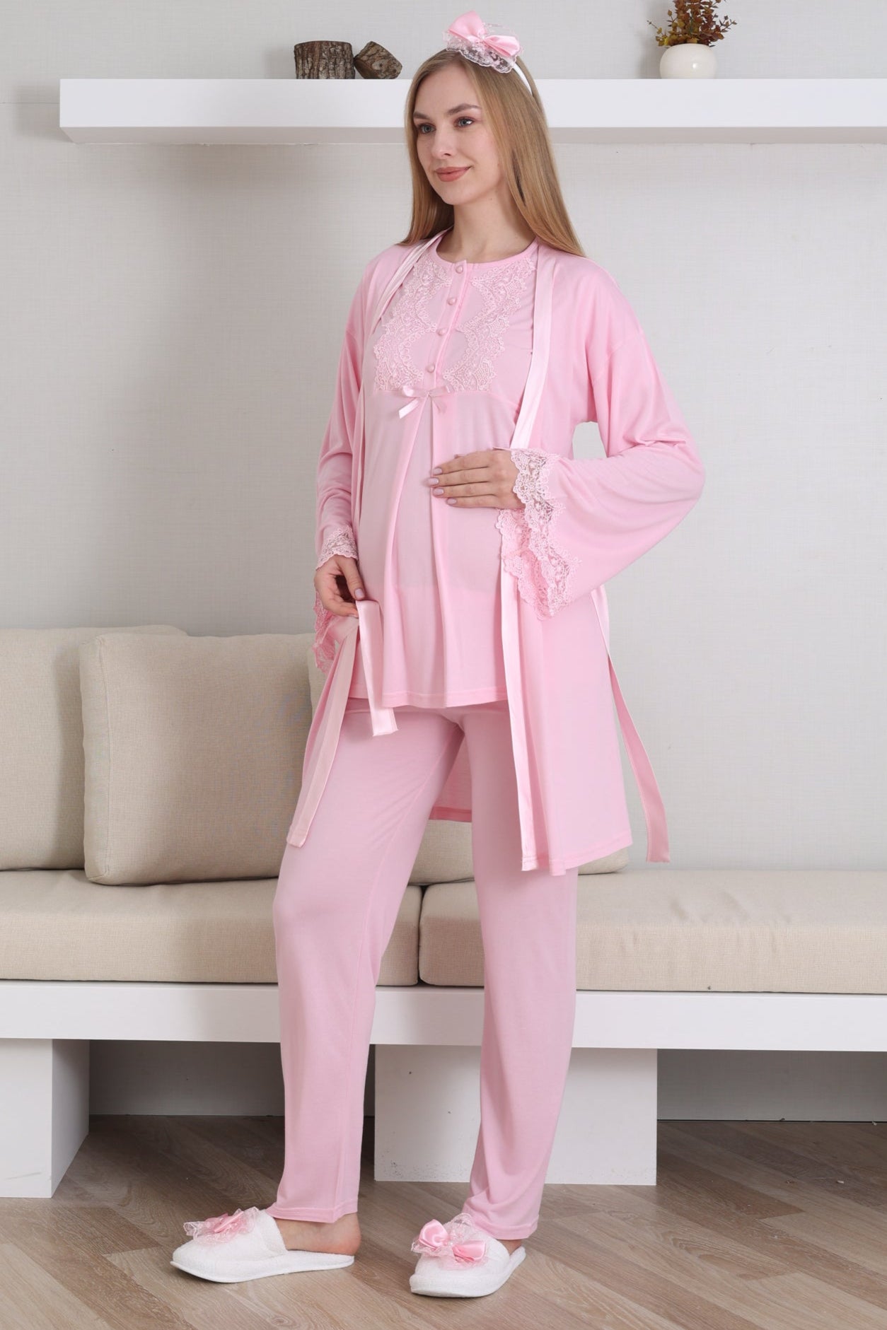 Güpürlü Yaka Lohusa Pijama ve Sabahlık Takımı - 3433