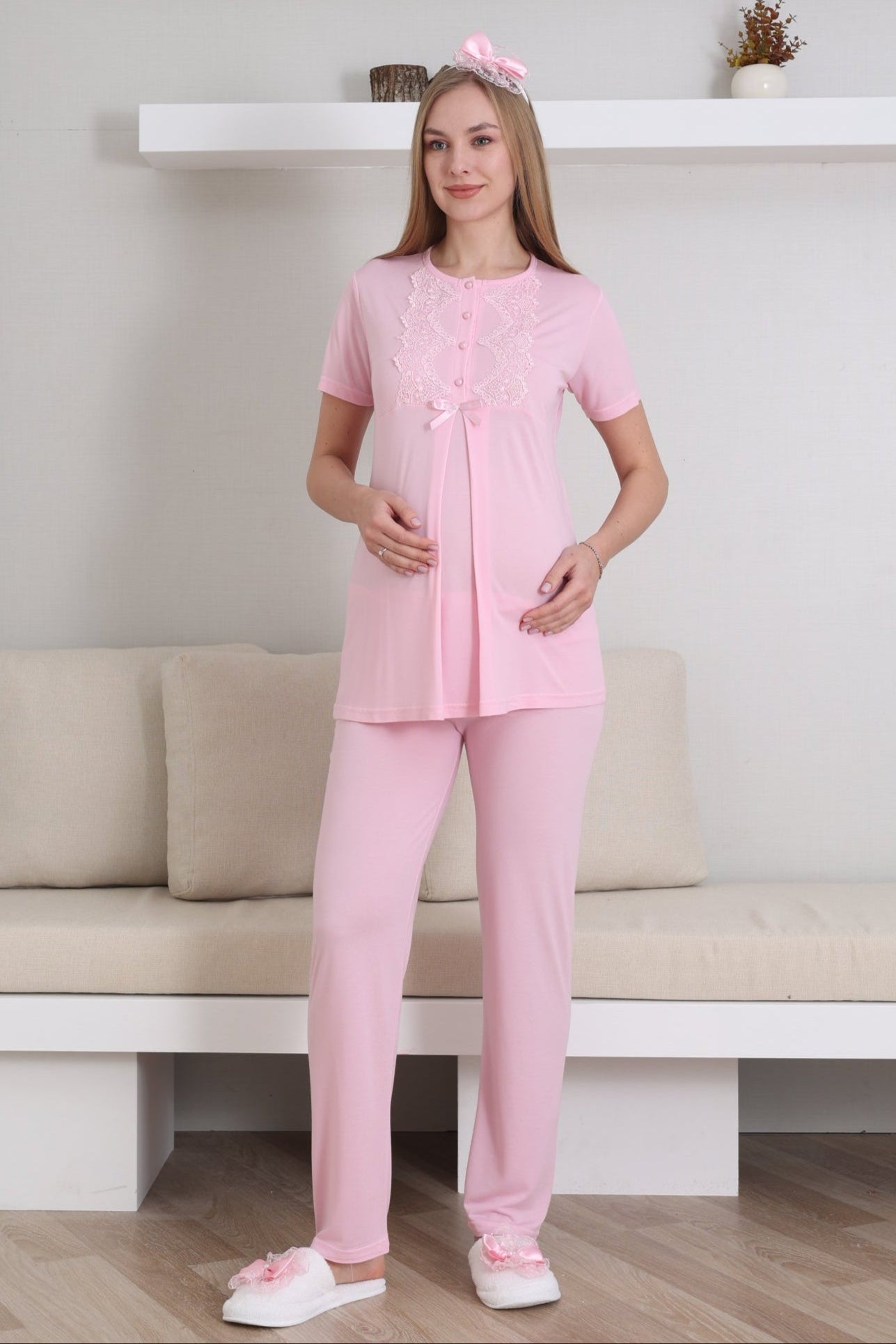 Güpürlü Yaka Lohusa Pijama ve Sabahlık Takımı - 3433