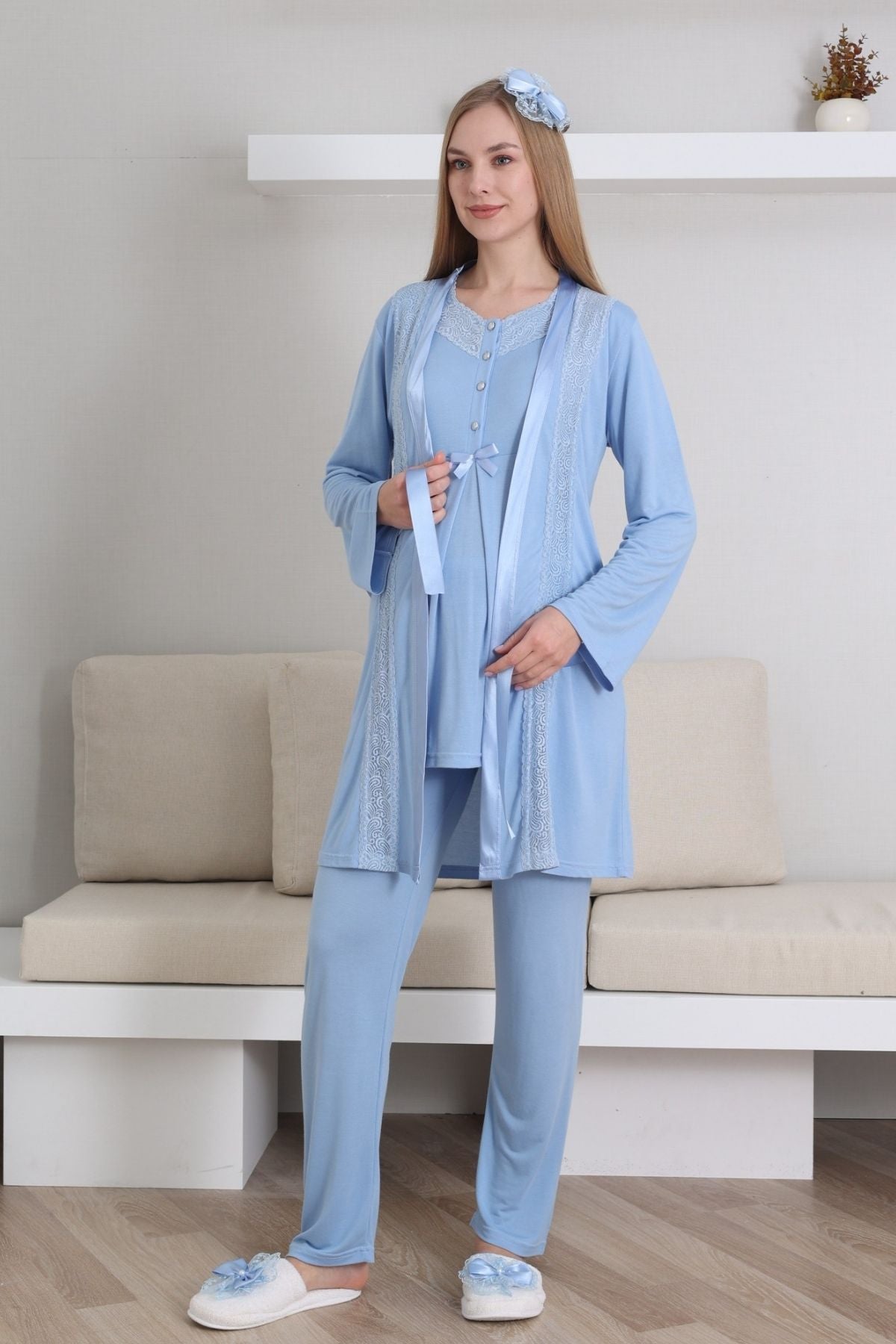 Dantelli V-Yaka Lohusa Pijama ve Sabahlık Takımı - 3435