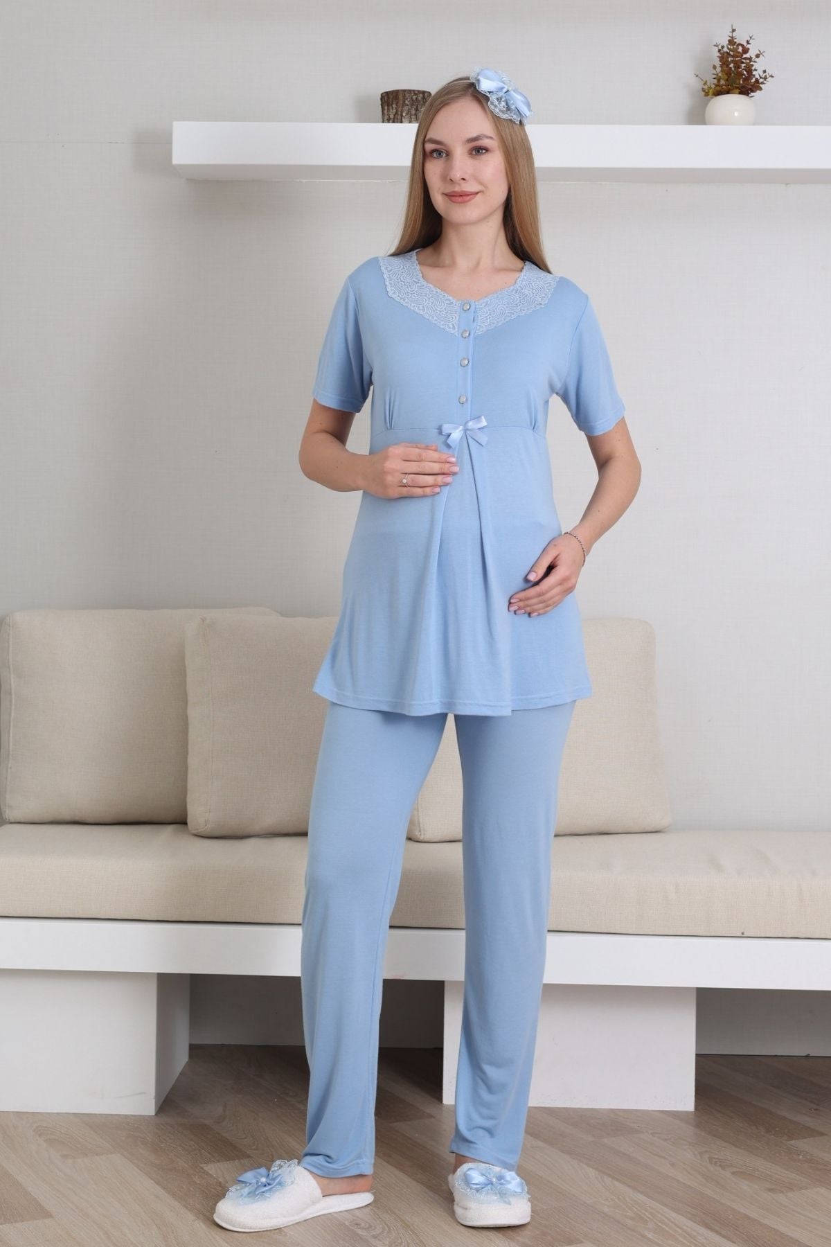 Dantelli V-Yaka Lohusa Pijama ve Sabahlık Takımı - 3435