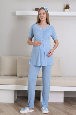 Image of Dantelli V-Yaka Lohusa Pijama ve Sabahlık Takımı - 3435