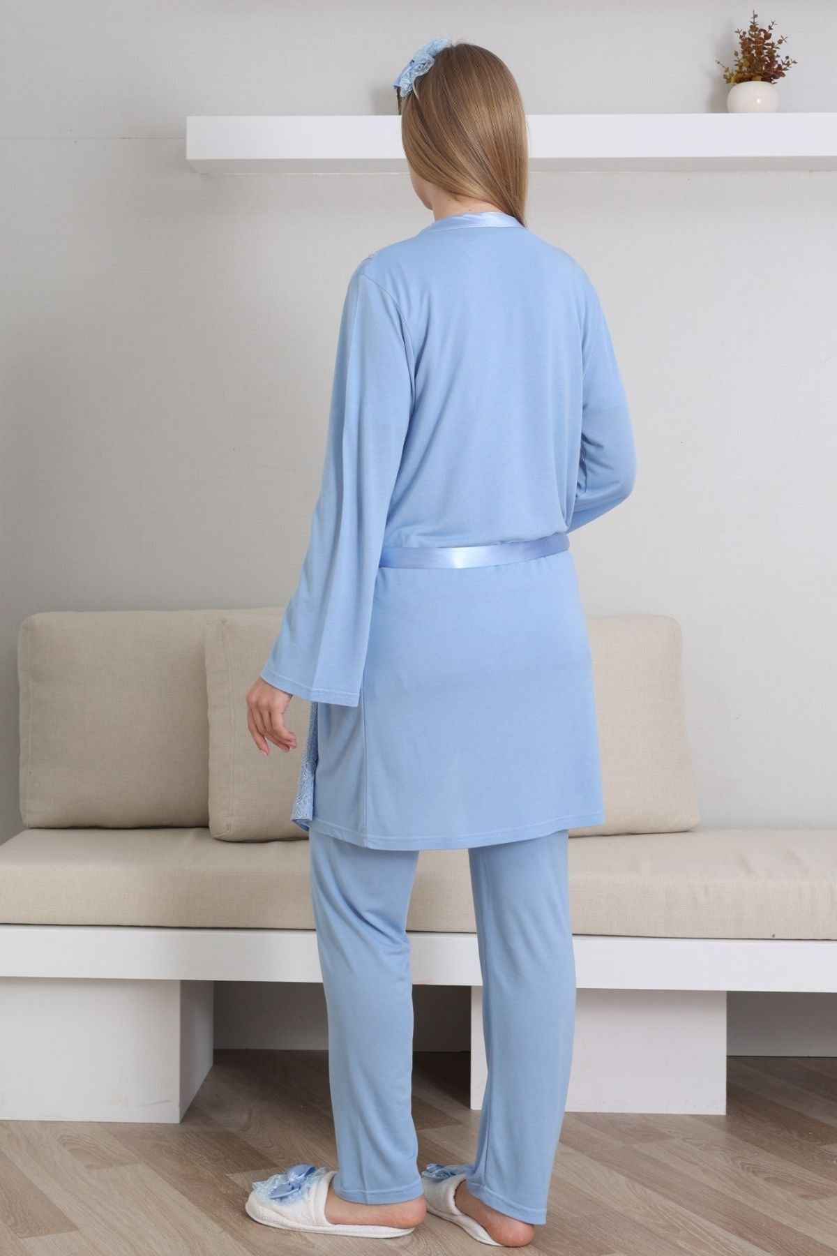 Dantelli V-Yaka Lohusa Pijama ve Sabahlık Takımı - 3435