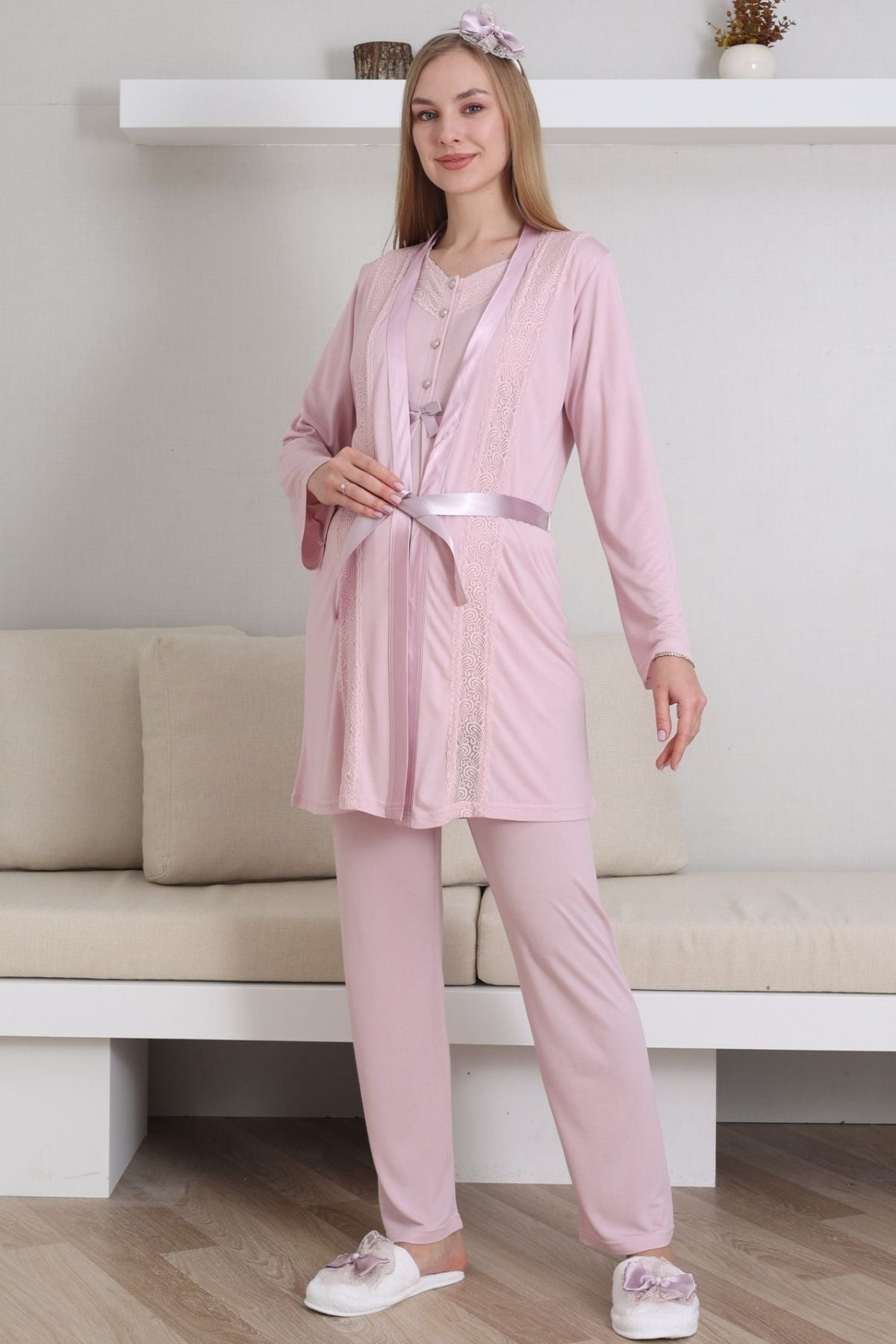 Dantelli V-Yaka Lohusa Pijama ve Sabahlık Takımı - 3435