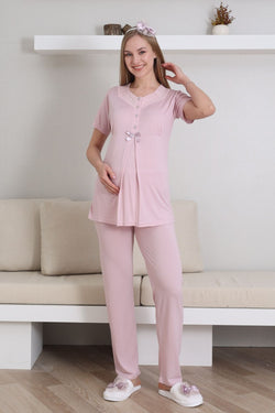 Image of Dantelli V-Yaka Lohusa Pijama ve Sabahlık Takımı - 3435