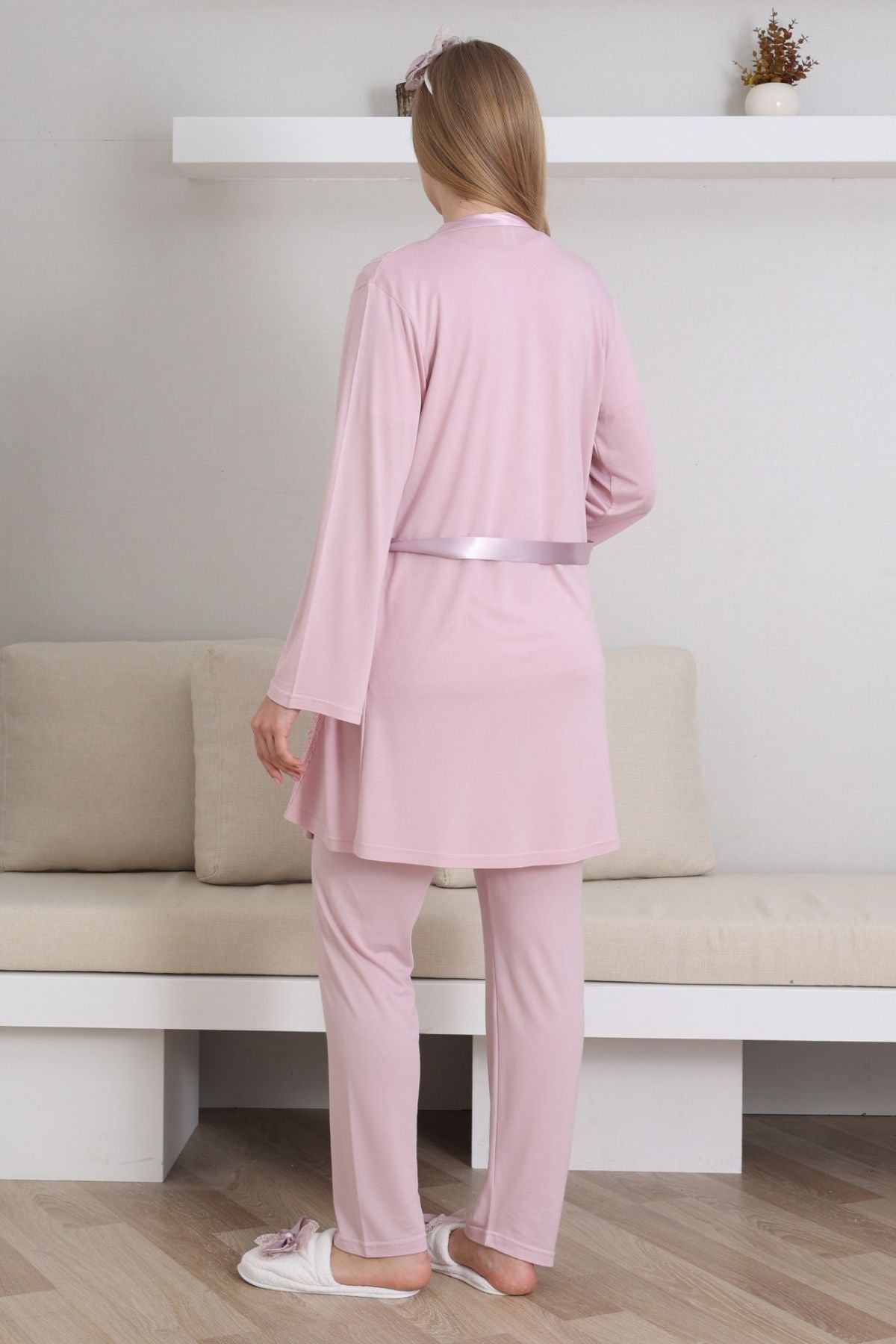 Dantelli V-Yaka Lohusa Pijama ve Sabahlık Takımı - 3435