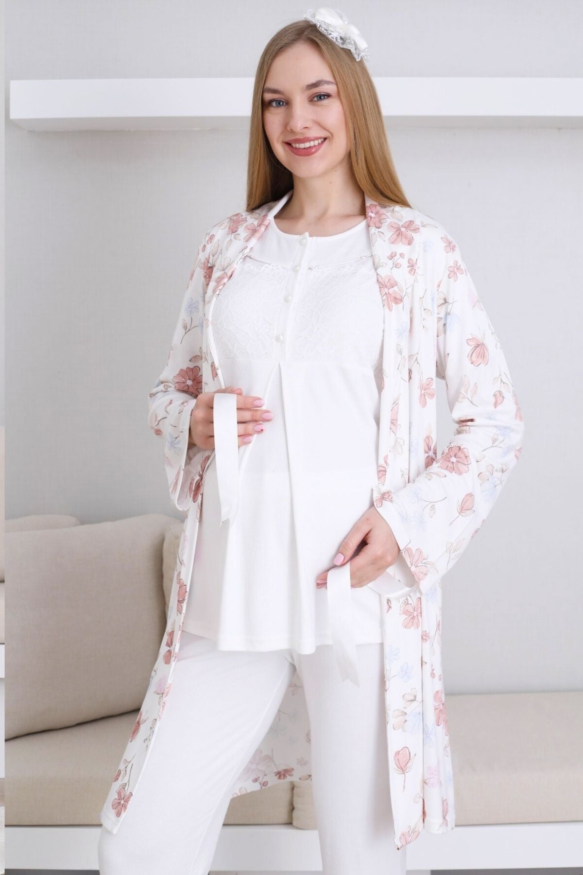 Dantelli Yaka Lohusa Pijama ve Desenli Sabahlık Takımı - 3436