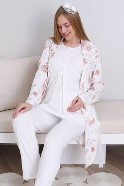 Image of Dantelli Yaka Lohusa Pijama ve Desenli Sabahlık Takımı - 3436